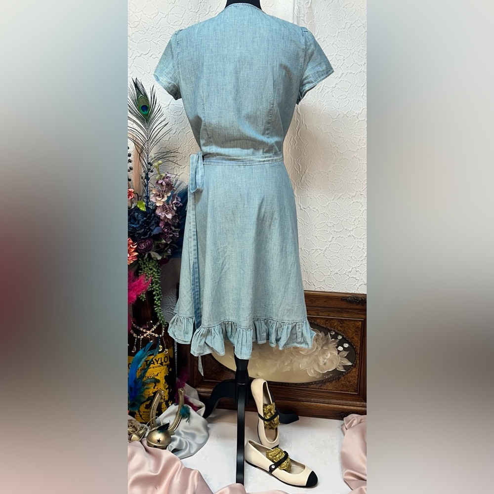 POLO Ralph Lauren🩵 Chambray Blue Wrap Midi Ruffle Tie Dress (10) - Picture 9 of 16